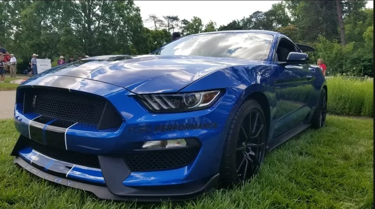 Blue Ford Mustang sports car with white racing stripes displayed on grass at an outdoor event