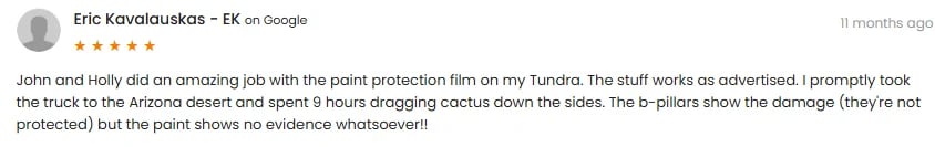 Google review by Eric Kavalauskas giving 5 stars praising paint protection film application on a Tuanca vehicle