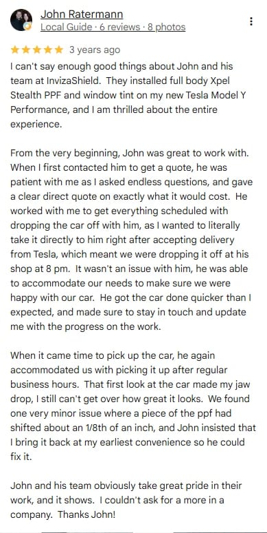 Five-star review by John Raterman, a local guide, praising InvizaShields car protection services and installation work